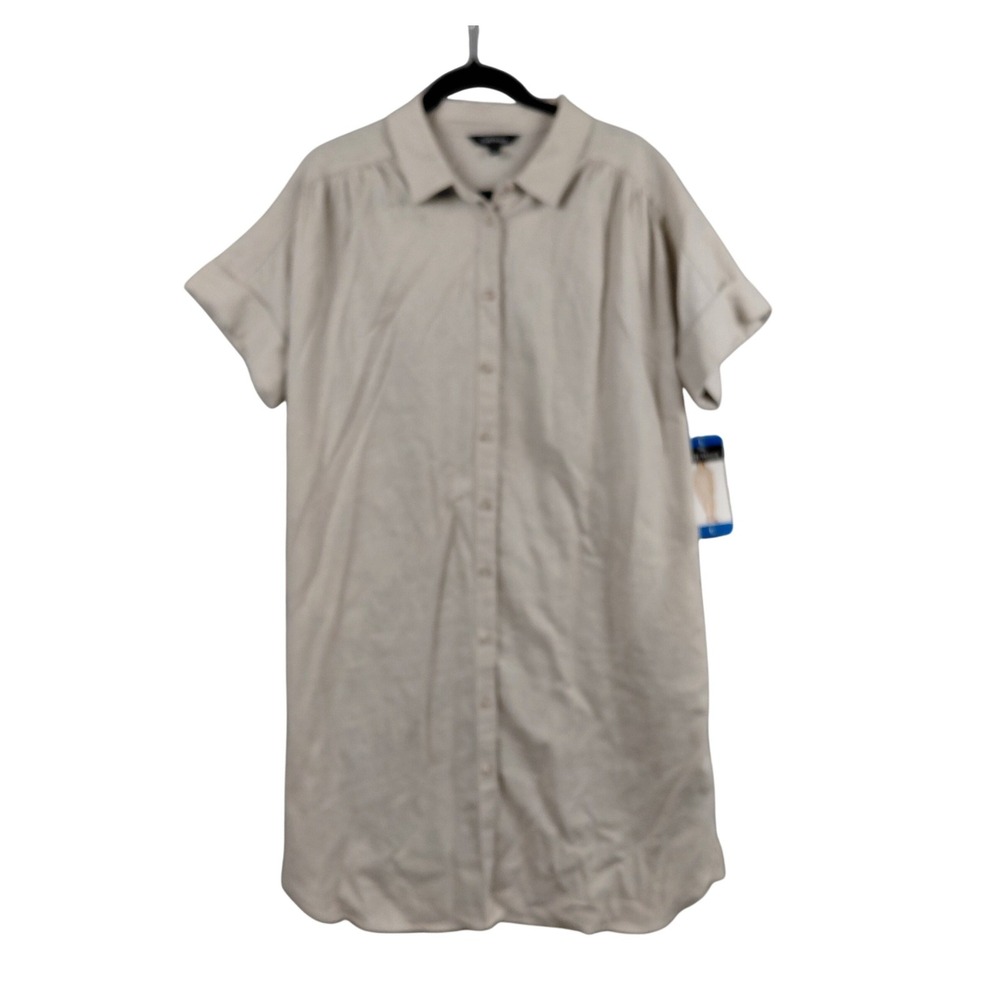 Well Worn Linen Blend Shirt Dress Beige Button Front Short Sleeve Size L